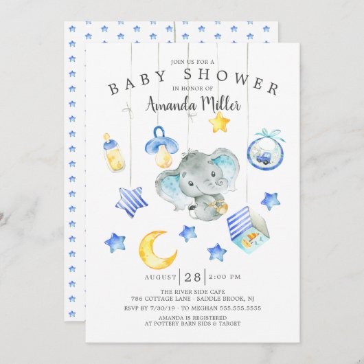 Baby Boy Mobile Elephant Baby shower Kaart (Voorkant / Achterkant)