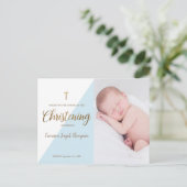 Baby Boy Modern Blue Photo Christening Dank u Briefkaart (Staand voorkant)