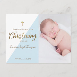 Baby Boy Modern Blue Photo Christening Dank u Briefkaart