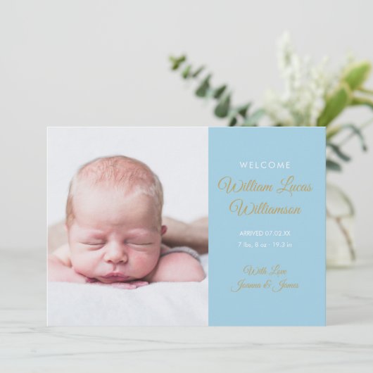Baby Boy Modern Gold Script Photo Birth Aankondiging (Staand voorkant)