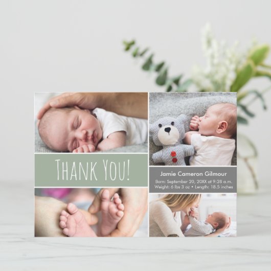 Baby boy Modern Green Photo Collage and Birth info Bedankkaart (Staand voorkant)