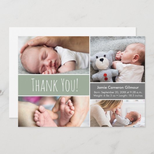 Baby boy Modern Green Photo Collage and Birth info Bedankkaart (Voorkant / Achterkant)