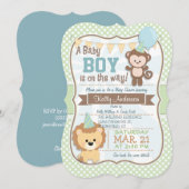 Baby Boy Monkey & Lion, Pastel Baby shower Uitnodi Kaart (Voorkant / Achterkant)