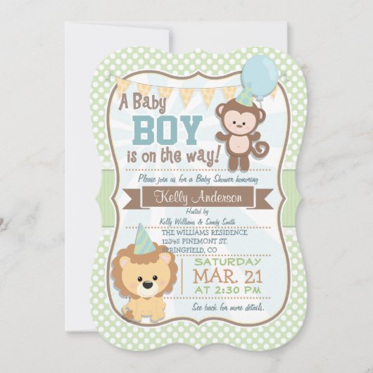 Baby Boy Monkey & Lion, Pastel Baby shower Uitnodi Kaart (Voorkant)