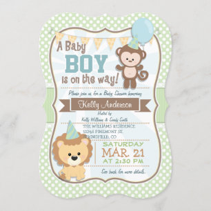 Baby Boy Monkey & Lion, Pastel Baby shower Uitnodi Kaart