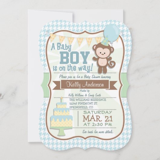 Baby Boy Monkey, Pastel Baby shower Uitnodigen Kaart (Voorkant)