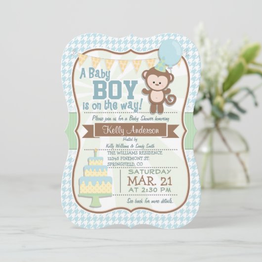 Baby Boy Monkey, Pastel Baby shower Uitnodigen Kaart (Staand voorkant)