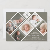 Baby Boy Multi-Photo Olive Monogram Birth Aankondiging (Voorkant)