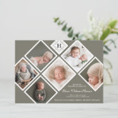 Baby Boy Multi-Photo Olive Monogram Birth Aankondiging (Staand voorkant)