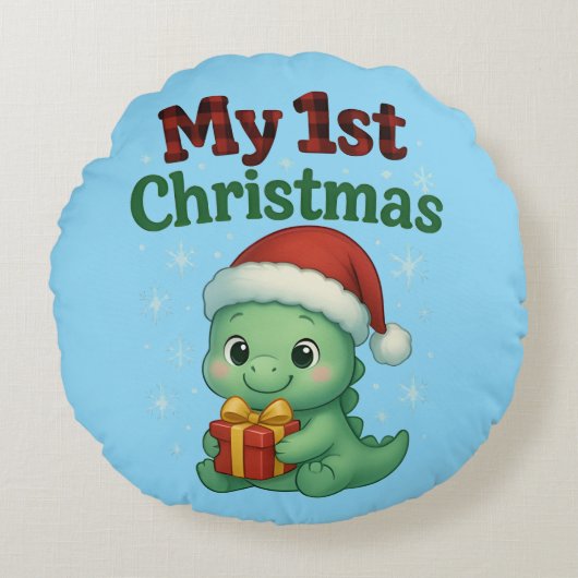 Baby Boy My 1st Christmas Dino Rond Kussen (Voorkant)