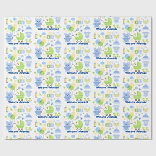 Baby Boy Naam toevoegen Blauwe Ballonnen & Teddy B Cadeaupapier (Vlak)