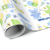 Baby Boy Naam toevoegen Blauwe Ballonnen & Teddy B Cadeaupapier (Rol Hoek)