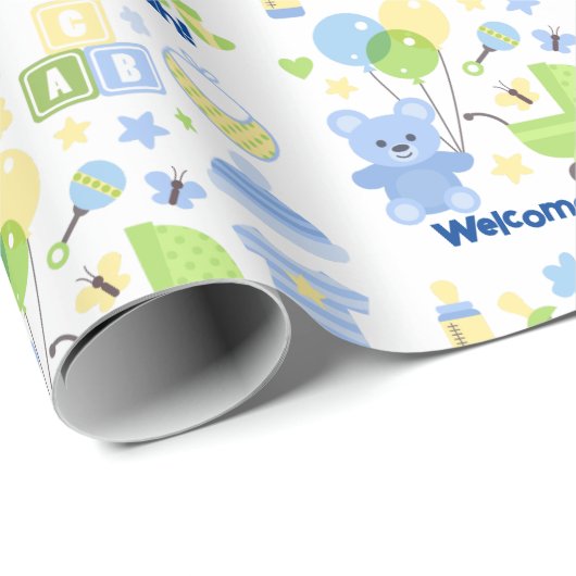 Baby Boy Naam toevoegen Blauwe Ballonnen & Teddy B Cadeaupapier (Rol Hoek)