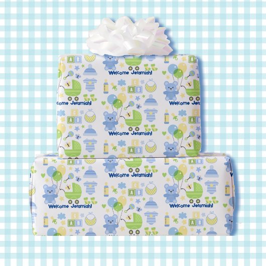Baby Boy Naam toevoegen Blauwe Ballonnen & Teddy B Cadeaupapier