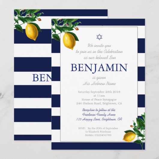 Baby Boy Naming Ceremony Lemons Blue Jewish Hebrew Kaart (Voorkant / Achterkant)