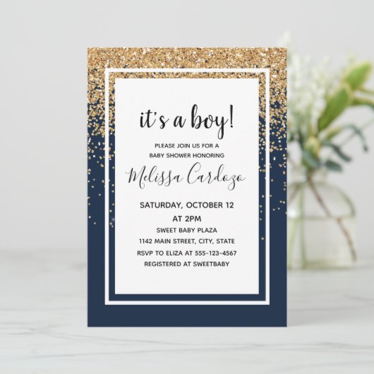 Baby Boy Navy Blue Glitter Baby shower Kaart (Staand voorkant)