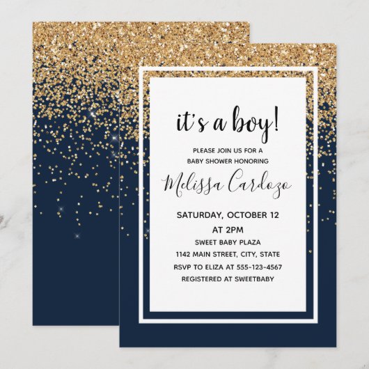 Baby Boy Navy Blue Glitter Baby shower Kaart (Voorkant / Achterkant)