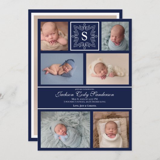 Baby Boy Navy Fotoaankondiging Monogram Aankondiging (Voorkant / Achterkant)