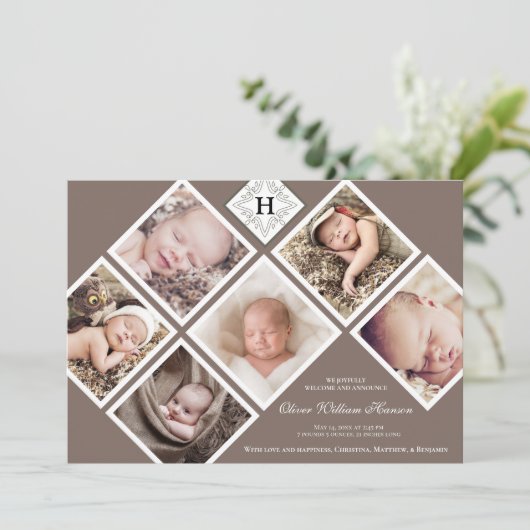Baby Boy Neutraal foto Monogram Aankondiging (Staand voorkant)