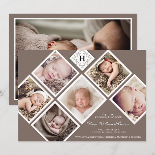 Baby Boy Neutraal foto Monogram Aankondiging (Voorkant / Achterkant)