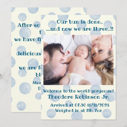 Baby Boy Nieuwe Aankomst Aankondiging (Voorkant / Achterkant)