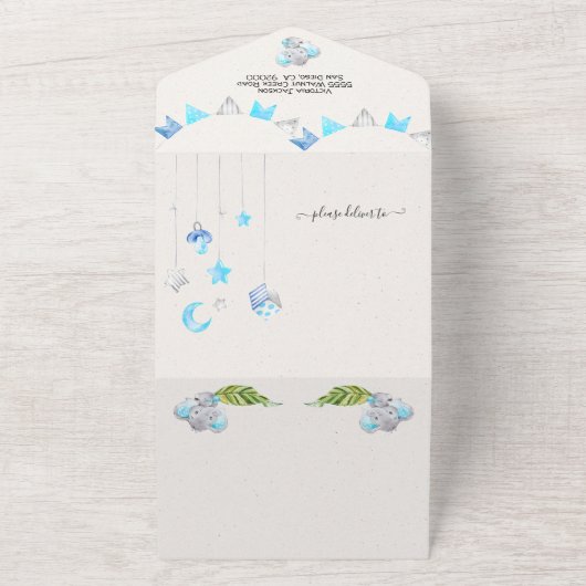 Baby Boy Oerwoud Elephant Baby shower All In One Uitnodiging (Buitenkant)