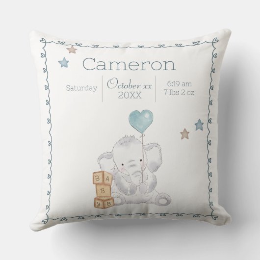 Baby Boy Olifant Custom Naam Keepsake Kussen (Achterkant)