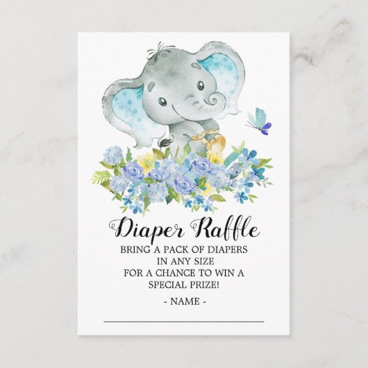 Baby Boy Olifant Douche Luier Raffle Ticket Informatiekaartje (Voorkant)