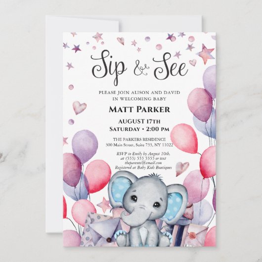 Baby Boy Olifant Feestelijke Blauwe Ballon SIP EN Kaart (Voorkant)