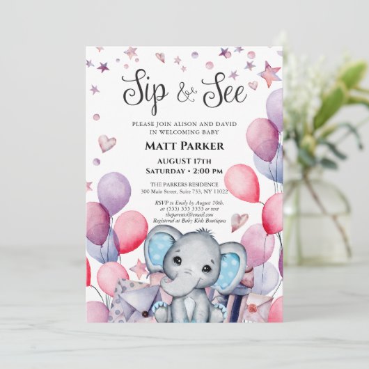 Baby Boy Olifant Feestelijke Blauwe Ballon SIP EN  Kaart (Staand voorkant)