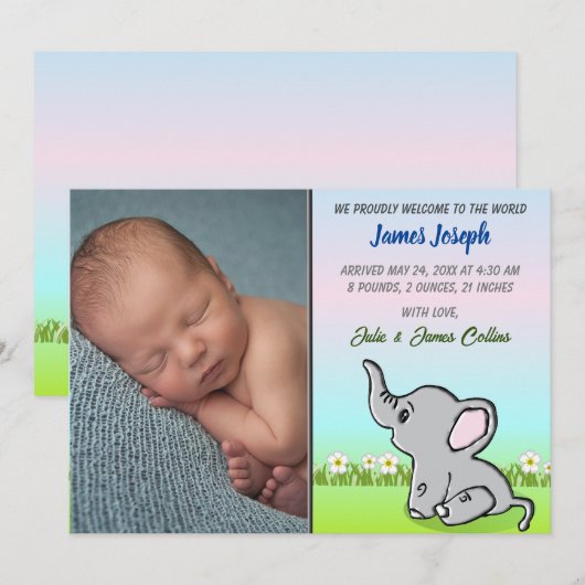 Baby Boy Olifant Flat Aankondiging Kaart (Voorkant / Achterkant)