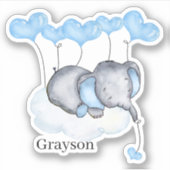 Baby Boy Olifant op Wolk met Blauwe Harten Vinyl Sticker (Voorkant)