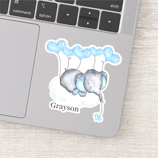Baby Boy Olifant op Wolk met Blauwe Harten Vinyl Sticker (Detail)