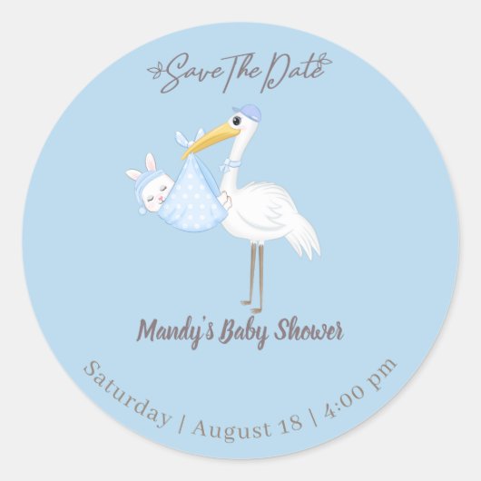 Baby Boy Ooievaar Konijn Save the Date Ronde Sticker (Voorkant)