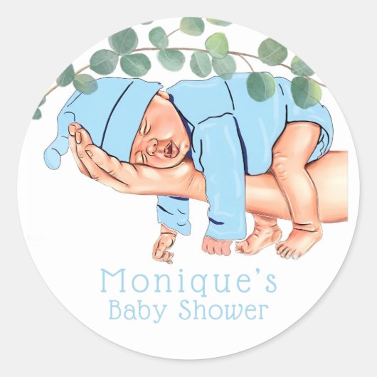 Baby Boy op de Baby shower van het Mam Aangepast Ronde Sticker (Voorkant)