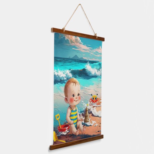Baby Boy op het strand Hangend Wandkleed (Gebogen)