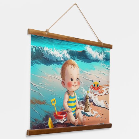 Baby Boy op het strand Hangend Wandkleed (Gebogen)