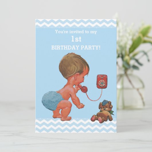  Baby Boy op Telefoon Chevrons 1e Verjaardag Kaart (Staand voorkant)