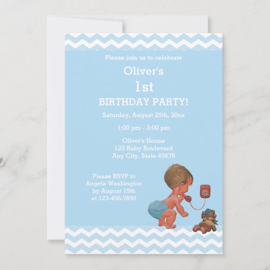  Baby Boy op Telefoon Chevrons 1e Verjaardag Kaart (Achterkant)