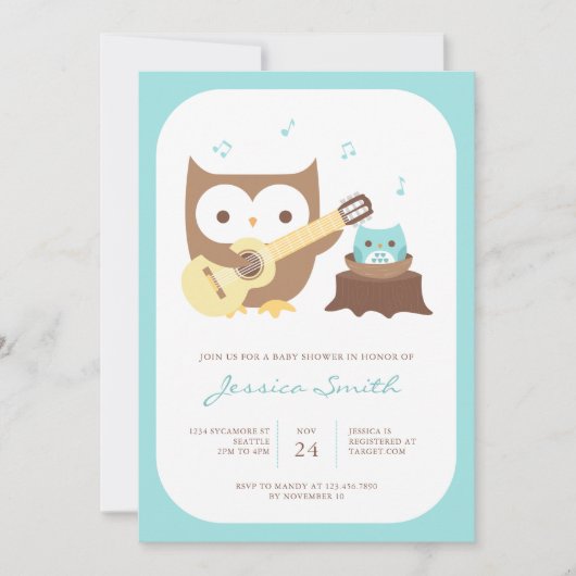Baby Boy Owl Guitar Baby shower Invitation Kaart (Voorkant)