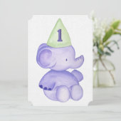 Baby Boy Paarse Elephant 1st Birthday Party Invite Kaart (Staand voorkant)