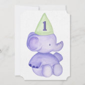 Baby Boy Paarse Elephant 1st Birthday Party Invite Kaart (Voorkant)