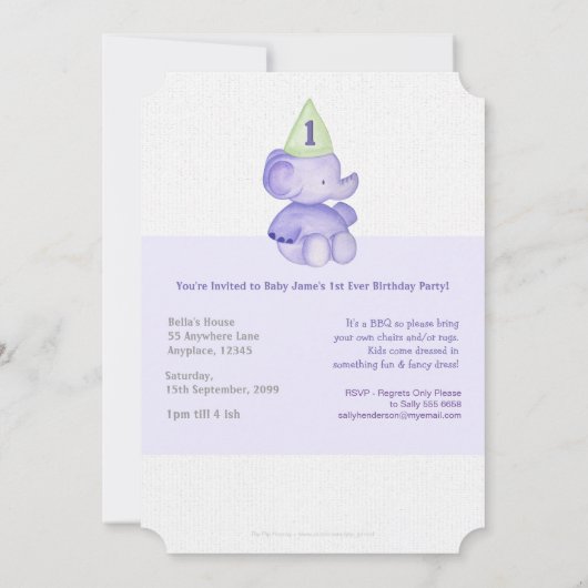 Baby Boy Paarse Elephant 1st Birthday Party Invite Kaart (Achterkant)