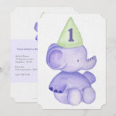 Baby Boy Paarse Elephant 1st Birthday Party Invite Kaart (Voorkant / Achterkant)