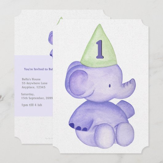 Baby Boy Paarse Elephant 1st Birthday Party Invite Kaart (Voorkant / Achterkant)