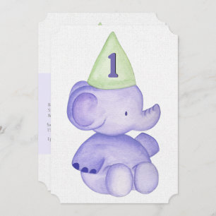 Baby Boy Paarse Elephant 1st Birthday Party Invite Kaart