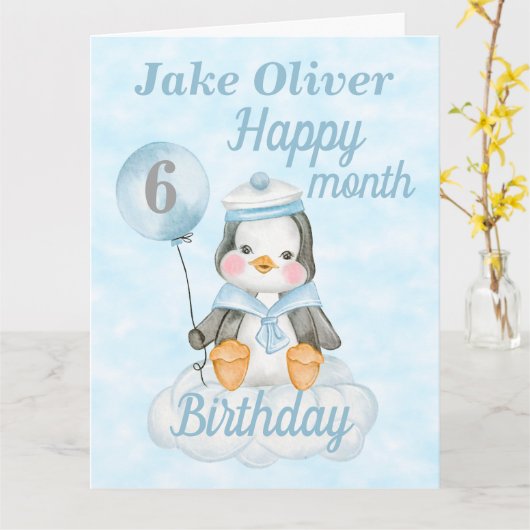 Baby Boy Penguin 6 maanden Birthday Big Kaart (Gele Bloem)