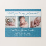 Baby Boy Photo Will You Be My Godouders Cute Blue Legpuzzel<br><div class="desc">Will you is mijn godouders? A classic baby boy foto puzzle in cerulean blue with beautiful cursive typography above your sweet newborn fotograph collage. Customize this keepsake gift with your favorite pictures of your new infant above their birth date and height and weight stats.</div>