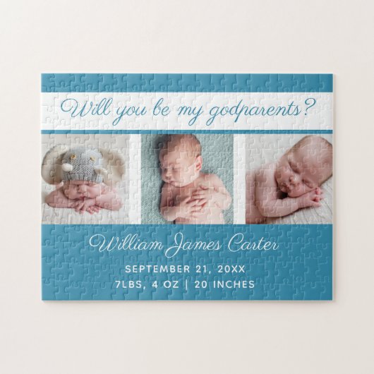 Baby Boy Photo Will You Be My Godouders Cute Blue Legpuzzel (Horizontaal)