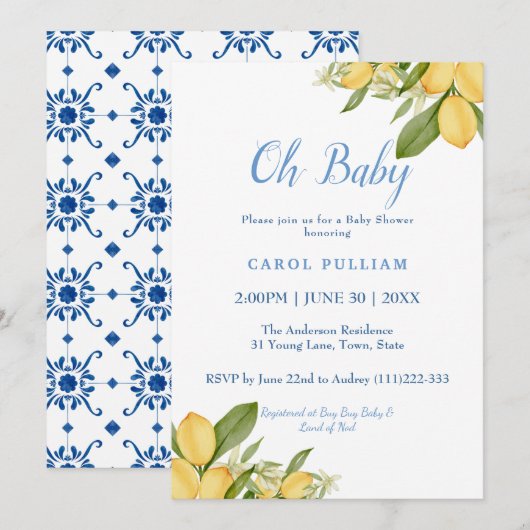 Baby Boy Positano Lemons Blue Pattern Baby shower Kaart (Voorkant / Achterkant)